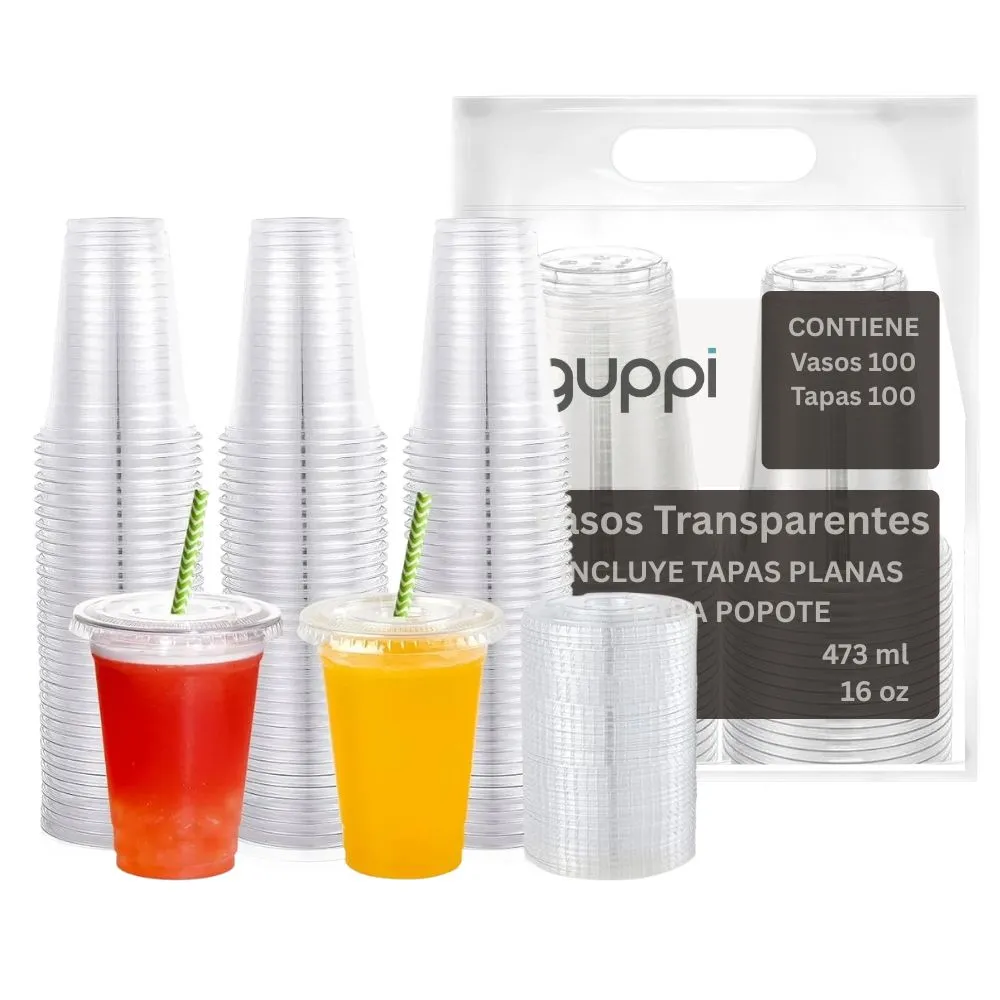 Vaso PET 16 oz 100 pza c/ Tapa Plana