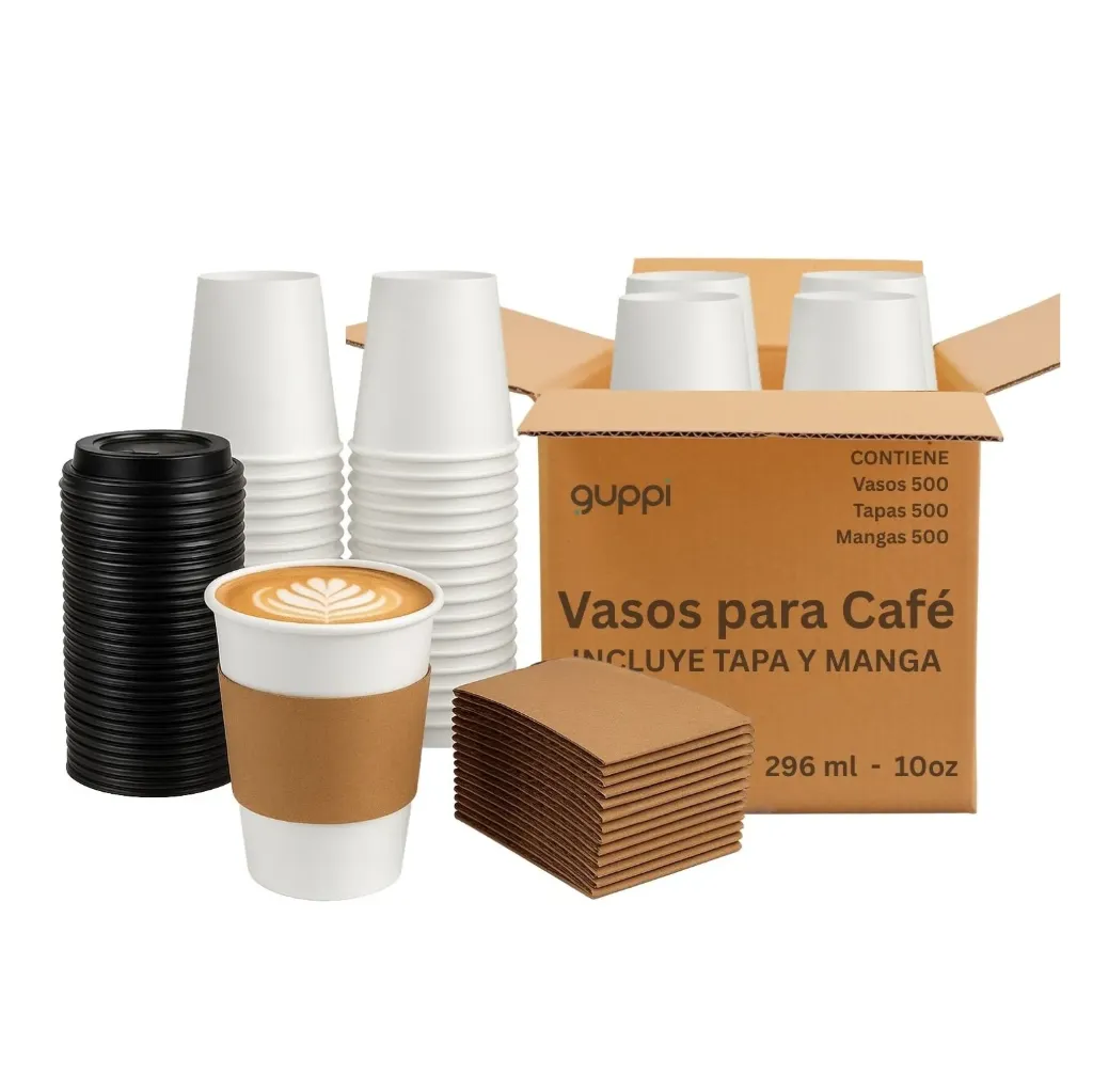 [K500BC10] Vaso Papel BC 10 oz 500 pza c/ Tapa y Fajilla