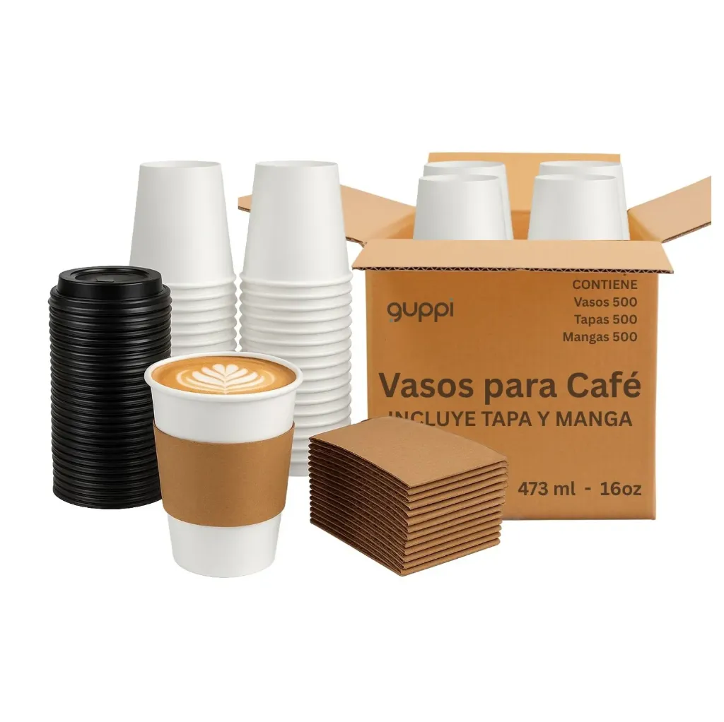 [K500BC16] Vaso Papel BC 16 oz 500 pza c/ Tapa y Fajilla