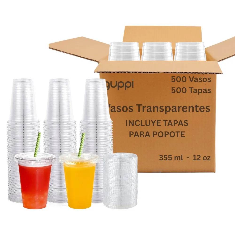 Vaso PET 12 oz 500 pza c/ Tapa Plana